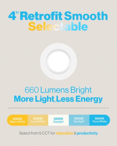 Sunco 24 Pack 5CCT LED Recessed 4 Inch  3000K/4000K/5000K/6000K/6500K Selectable  Dimmable Can Lights  Smooth Trim  11W=60W  660LM  Damp Rated  Retrof thumbnail