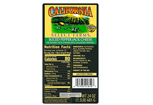 California Select Farms Sliced Pepper Jack Cheese - Monterey Jack with Jalapeno Peppers - Gluten Free - 30 Sliced 1.5lbs thumbnail