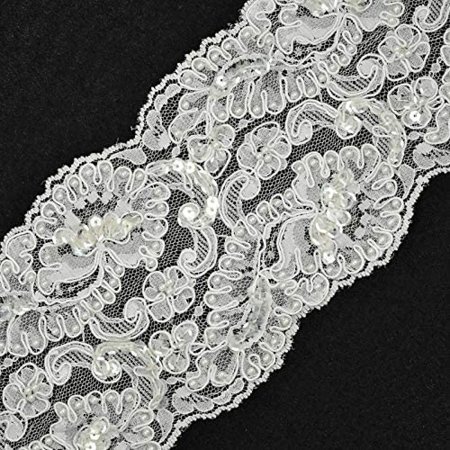 Beaded Sequin Embroidery Ribbon Lace Trim  4-1/2 Inch by 1 Yard  White  ROI-4973