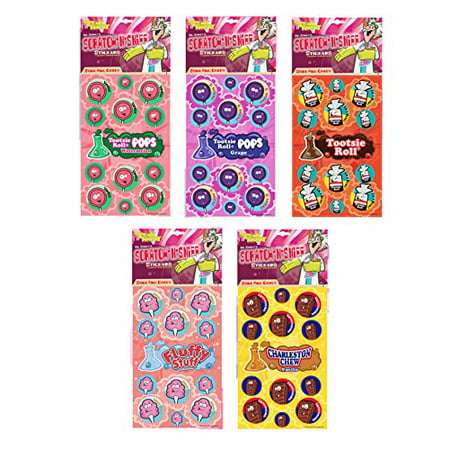 Just for Laughs Dr. Stinky S Scratch N Sniff Stickers 5-Pack- Tootsie Roll Pops Watermelon  Tootsie Roll Pops Grape  Tootsie Roll  Fluffy Stuff Cotton