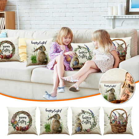 Usupdd Easter Day Pillowcase Linen Rabbit Pillowcase for Home Decoration 18x18 Inches 4PCS Usupdd WLL220812-7786