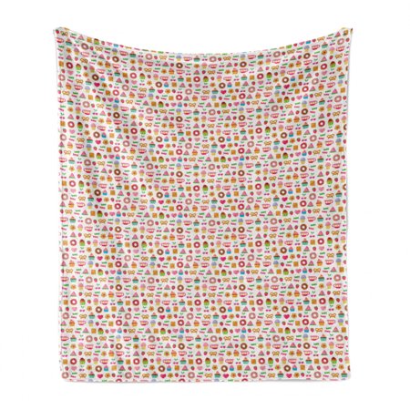 Dessert Soft Flannel Fleece Throw Blanket  Confectionary Pattern of Pretzels and Candies on Pinky Polka Dotted Background  Cozy Plush for Indoor and O