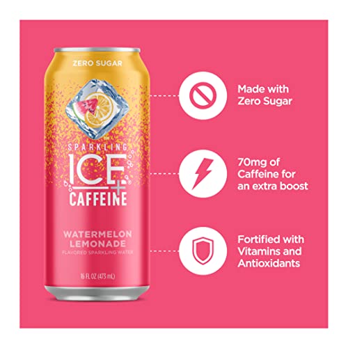 Sparkling Ice +Caffeine Watermelon Lemonade Sparkling Water, Zero Sugar, with Antioxidants and Vitamins, Zero Sugar, 16 Fl Oz Cans (Pack of 12) thumbnail