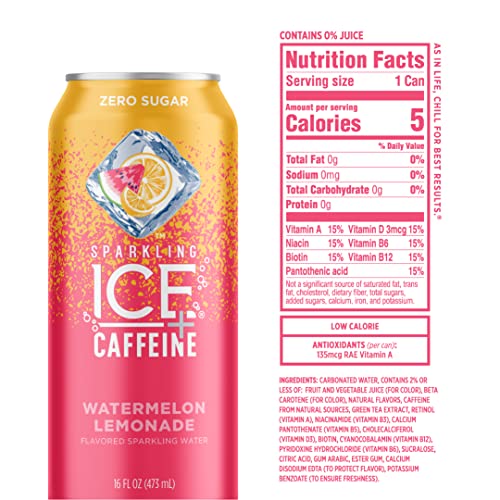 Sparkling Ice +Caffeine Watermelon Lemonade Sparkling Water, Zero Sugar, with Antioxidants and Vitamins, Zero Sugar, 16 Fl Oz Cans (Pack of 12) thumbnail
