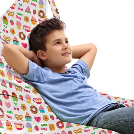 Dessert Lounger Chair Bag  Confectionary Pattern of Pretzels and Candies on Pinky Polka Dotted Background  High Capacity Storage with Handle Container
