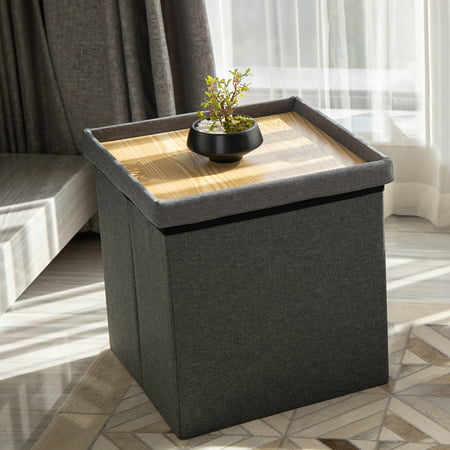 pinplus 15  folding storage ottoman with lid tray coffee table foot rest  toy chest for living room(grey)