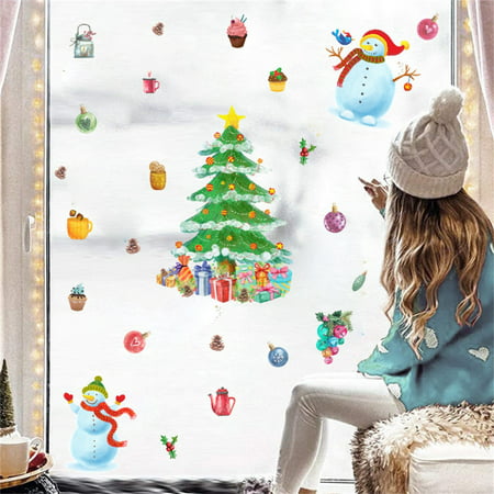 FengLS Christmas Tree Wall Stickers Snowman Candy Wall Stickers Window Refrigerator Stickers Self Adhesive Decorative Stickers 10-MYF HAPPY-06A#4081 L