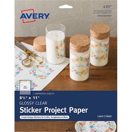 Avery Printable Sticker Paper  Glossy Clear  8.5  X 11   Laser & Inkjet Printers  7 Sheets (4397)