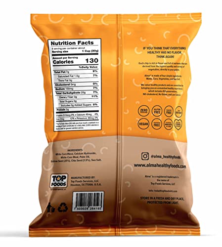 Alma Corn Chips with Quinoa & Chia - Never Crushed Gluten Free & Low Calorie Healthy Snacks Made with Real Vegetables & Sea Salt - Low Carb - Low Sodi thumbnail