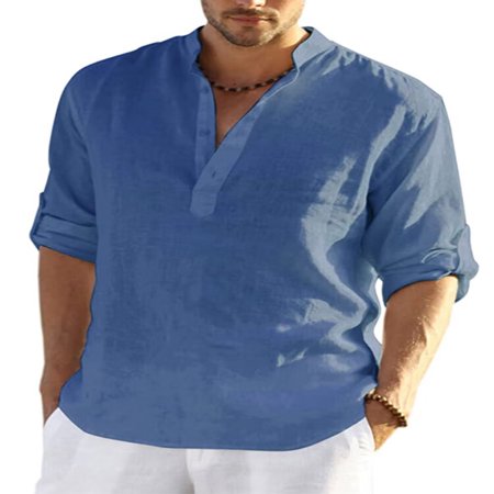 Envmenst Men S Casual Cotton Linen Solid Color Long Sleeve Shirt Loose Stand Collar Top