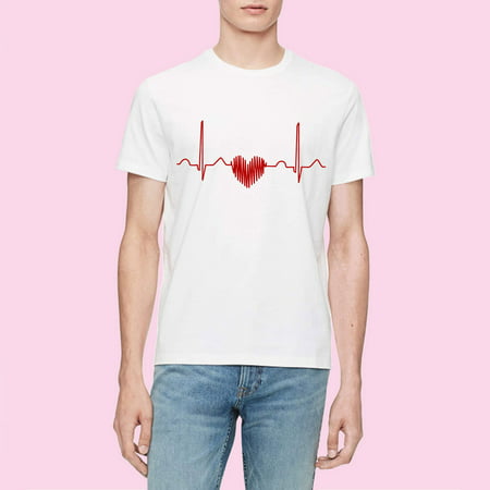 YOTAMI Mens Blouses Casual Short-sleeved Solid Color Love Cardiogram Graphic Print T-shirt Winter White M L XL XXL XXXL