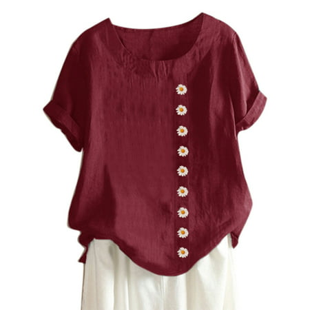 Bospose Girls O-Neck Shirt Short Sleeve Shirt Girl Vintage Crewneck Sweatshirt Womens Plus Size Print Button Cotton Linen Tops 8875 Lady Loose Casual 