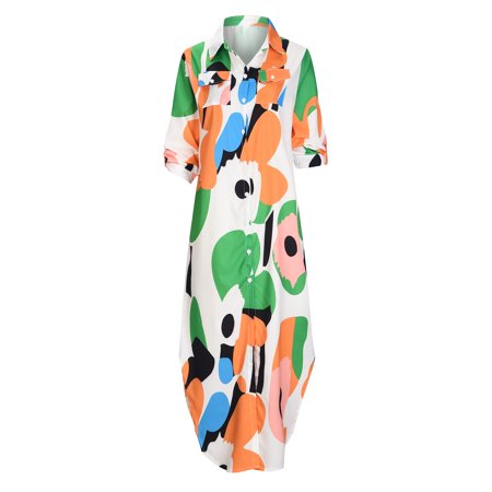 Dresses for Women 4742 Wedding Guest Dresses for Women Women S Button Down Dress Casual Long Sleeve Maxi Dresses Loose Printed Shirt Dress TEELON