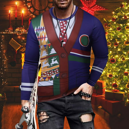 Fiudx Men S Long Sleeve Round Neck Christmas Print Fashion Casual Blouse Long Sleeve Tops 2289