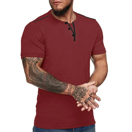 Fiudx Men S Plus Size Button V-neck Shirts Solid Color Short Sleeve T-Shirts 2564
