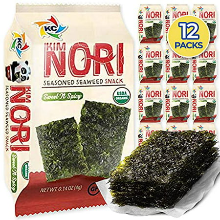 KIMNORI Seasoned Seaweed Snacks Sheets   Organic Sweet  N Spicy Flavor 12 Individual Packs Roasted Crispy Premium 100% Natural Laver Kim Nori 4g 0.14 