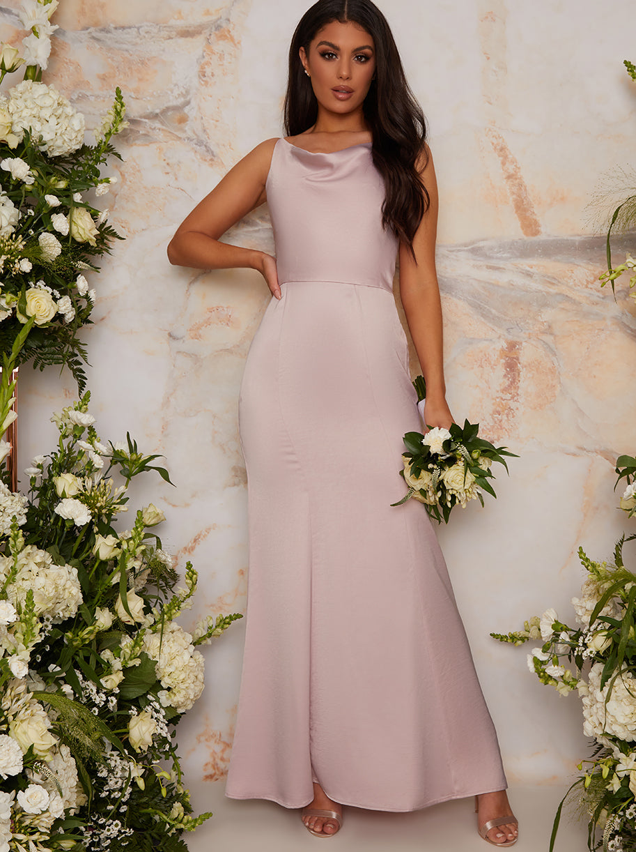 Chi Chi Cowl Neck Satin Slip Maxi Dress in Pink, Size 16