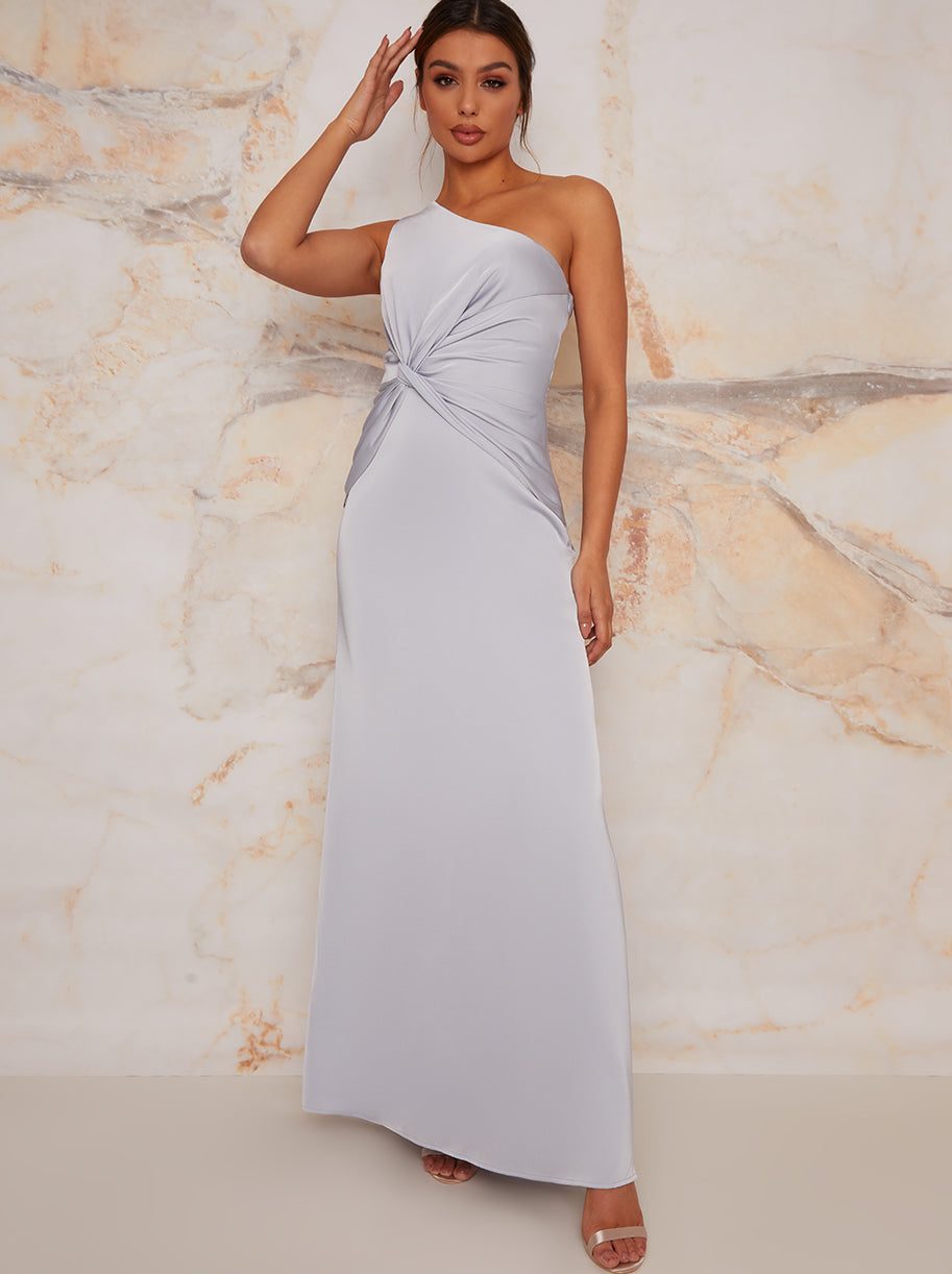Chi Chi One Shoulder Satin Finish Maxi Dress in Blue, Size 16