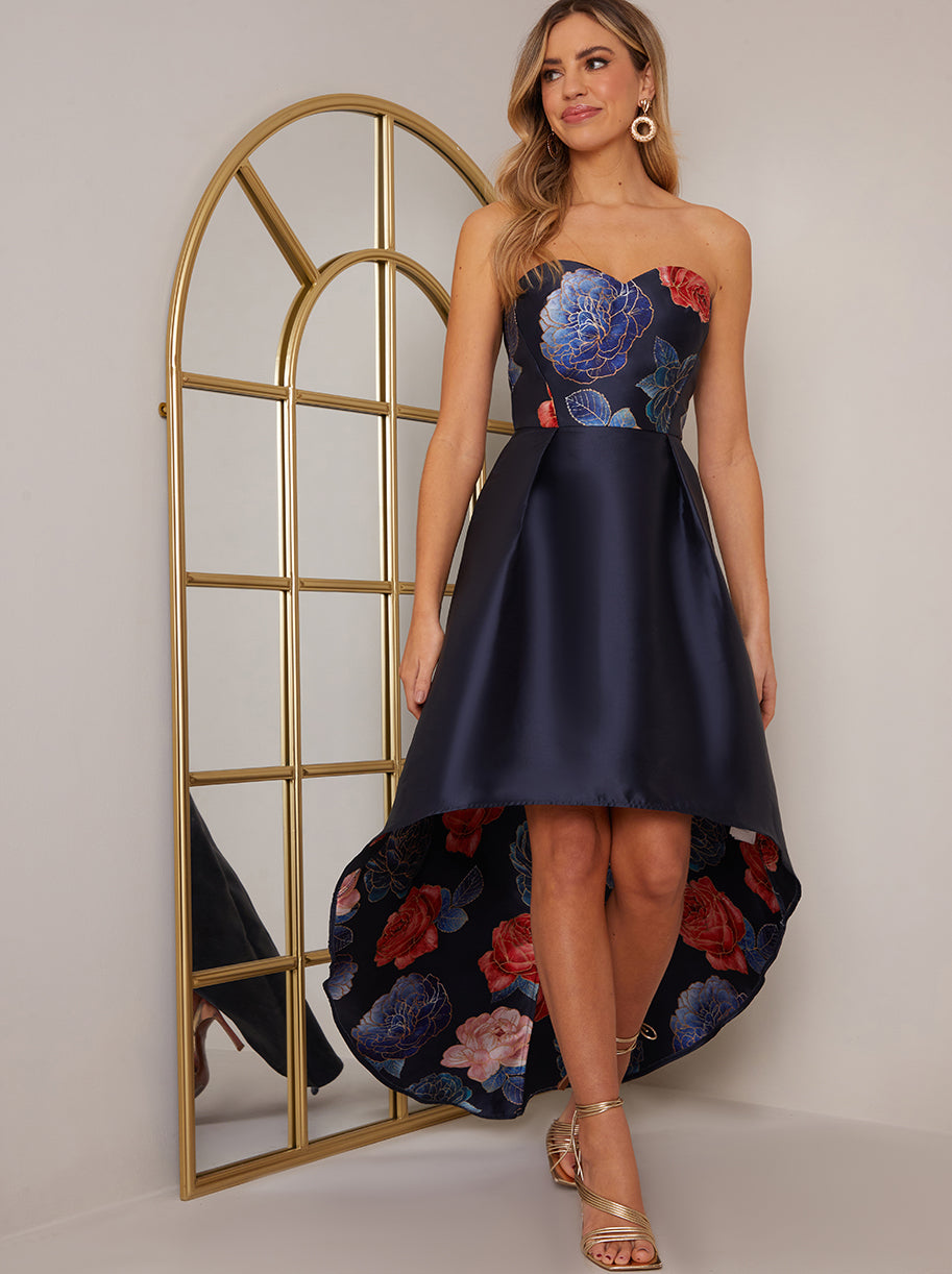 Chi Chi Strapless Dip Hem Floral Dress in Navy, Size 16