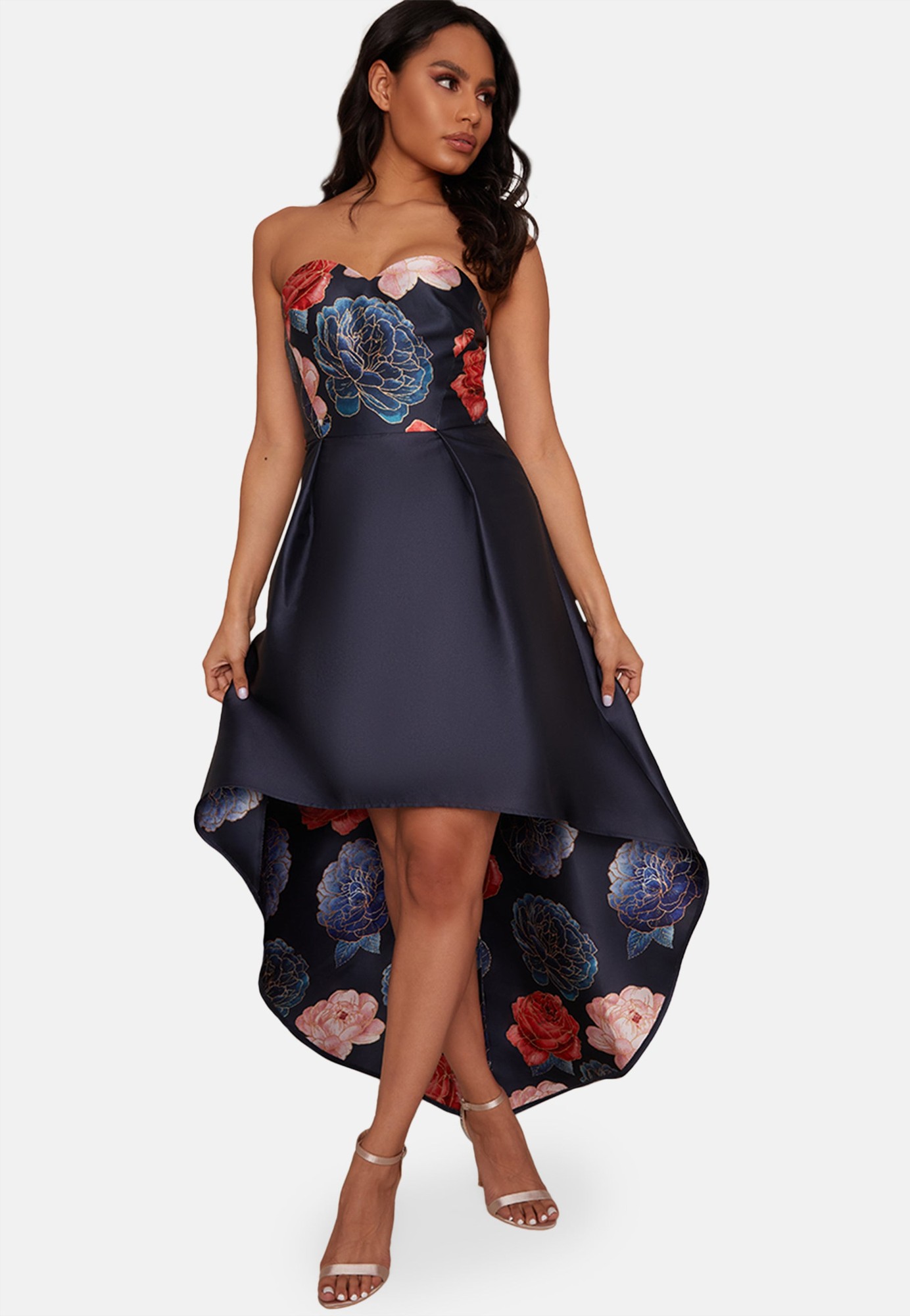 Chi Chi Strapless Dip Hem Floral Dress in Navy, Size 16 thumbnail