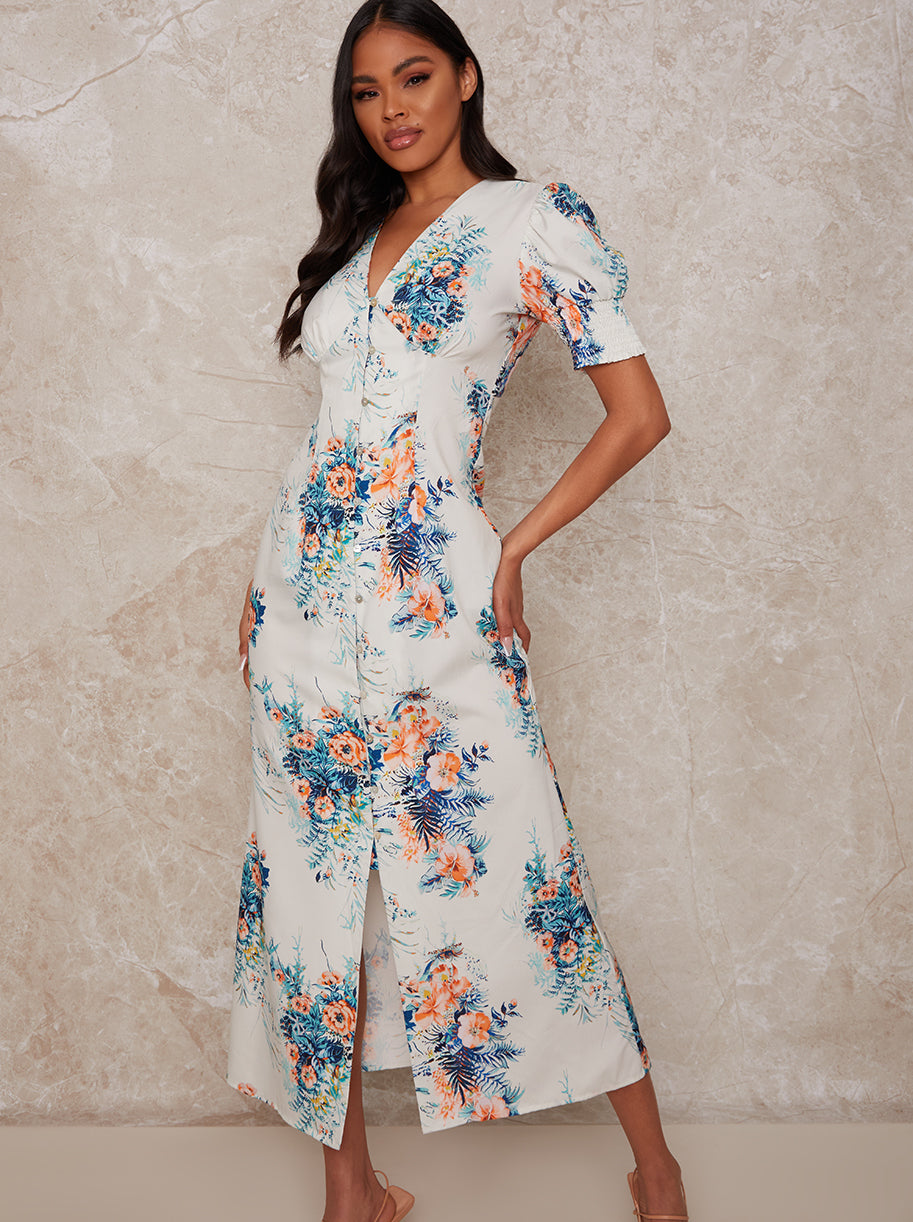 Chi Chi Floral Print Puff Sleeve Button-up MIDI Day Dress in Blue, Size 16