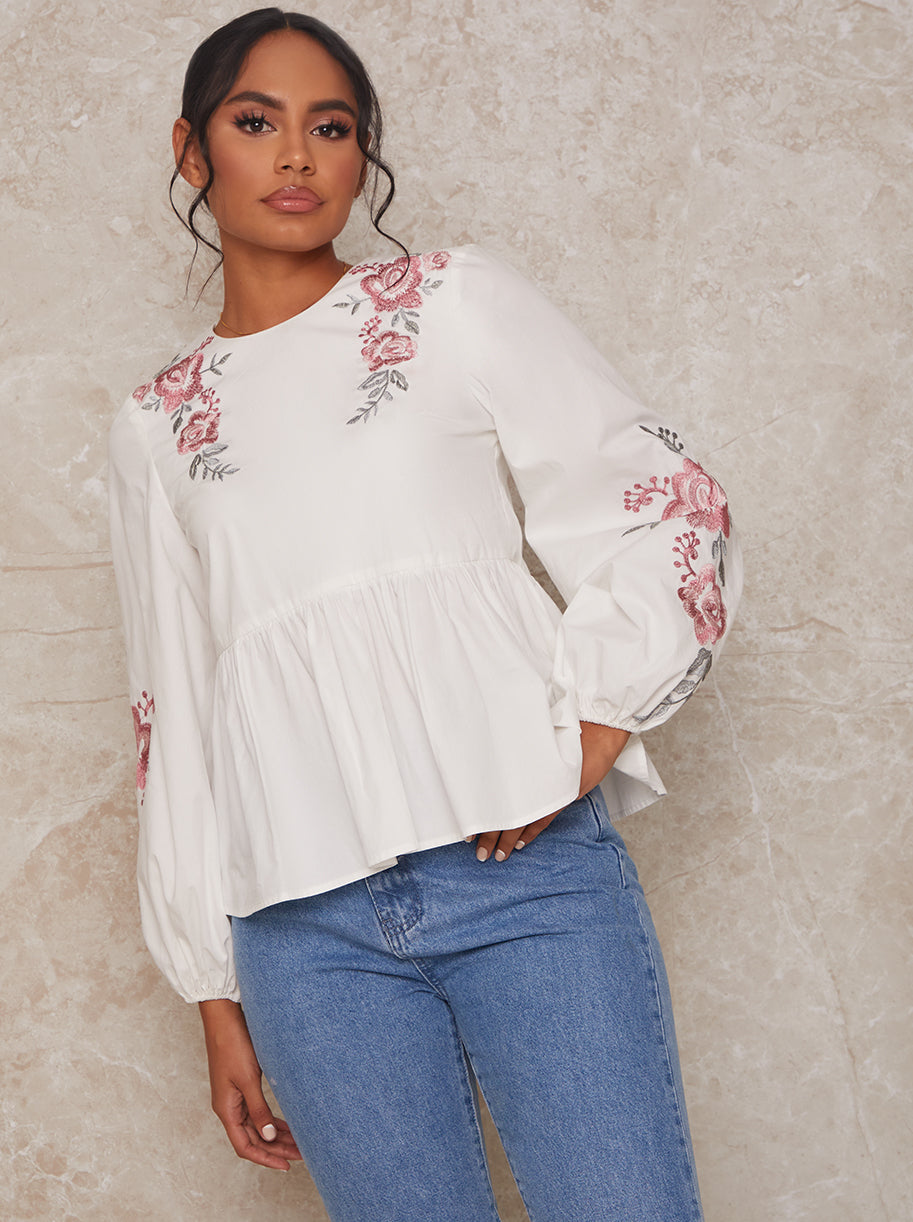 Chi Chi Long Sleeve Embroidered Detail Smock Top in White, Size 16