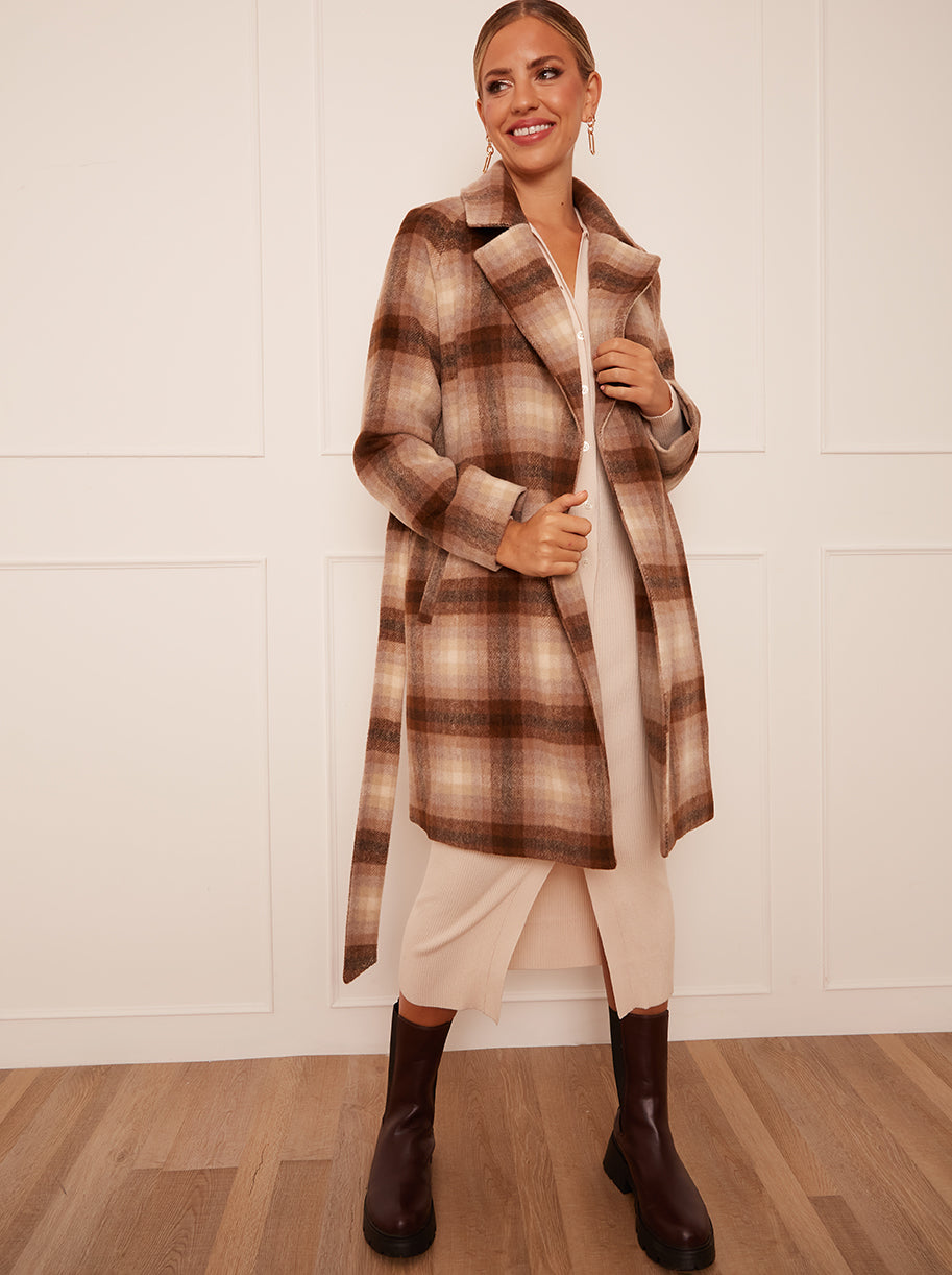 Chi Chi Tie Waist Check Coat in Brown, Size 16