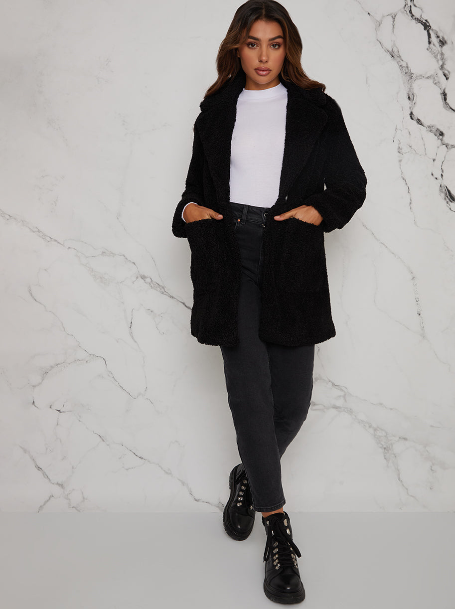 Chi Chi Mid Length Teddy Coat in Black, Size 16