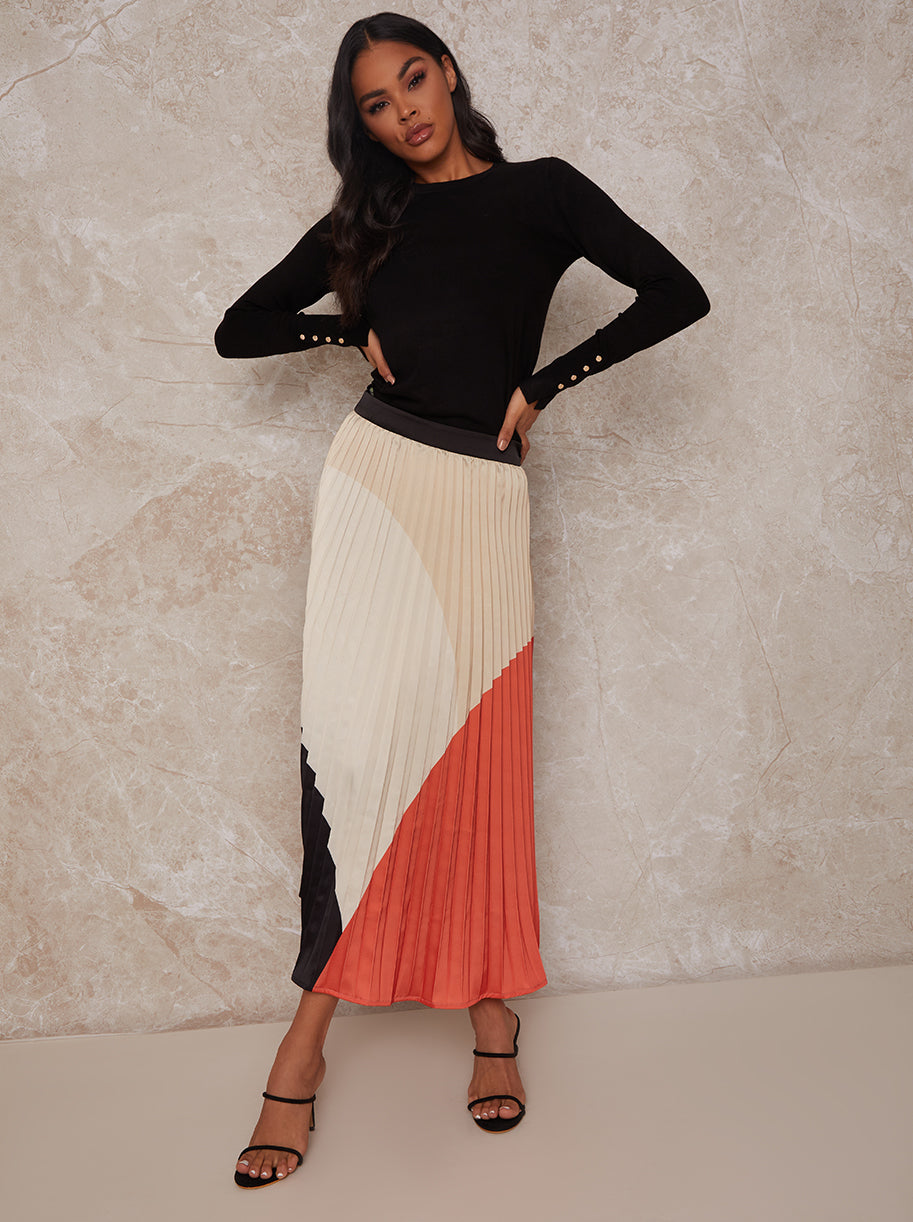 Chi Chi High Waist Colour Block Pleated MIDI Skirt in Multi in Cream, Size 16