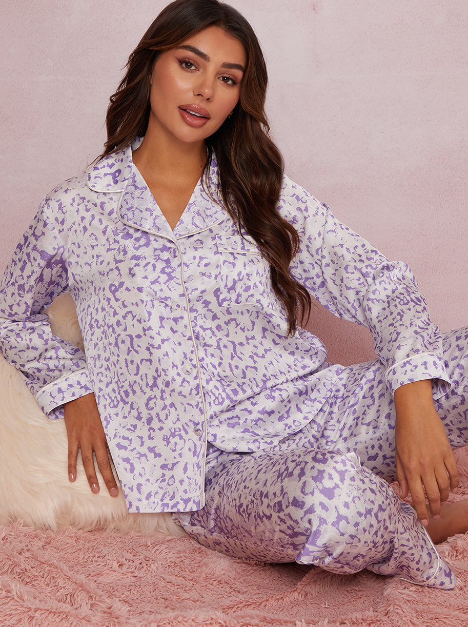 Chi Chi Animal Print Pyjama Set in Purple, Size 16