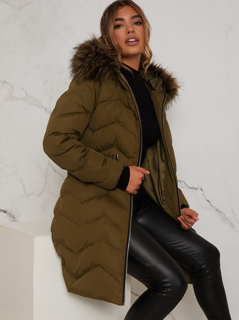 Chi Chi Quilted Puffer Coat with Faux Fur Hood in Khaki, Size 16