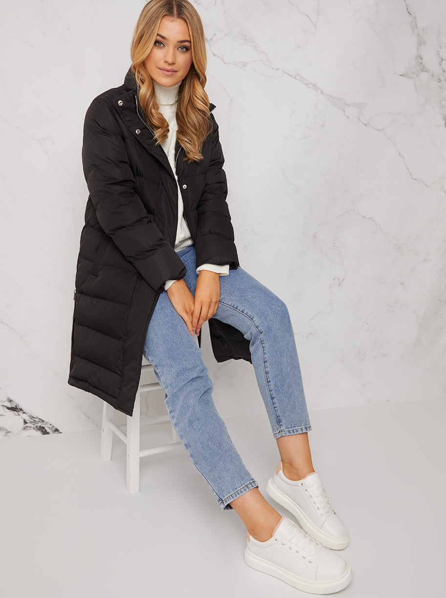 Chi Chi Longline Maxi Puffer Coat in Black, Size 16