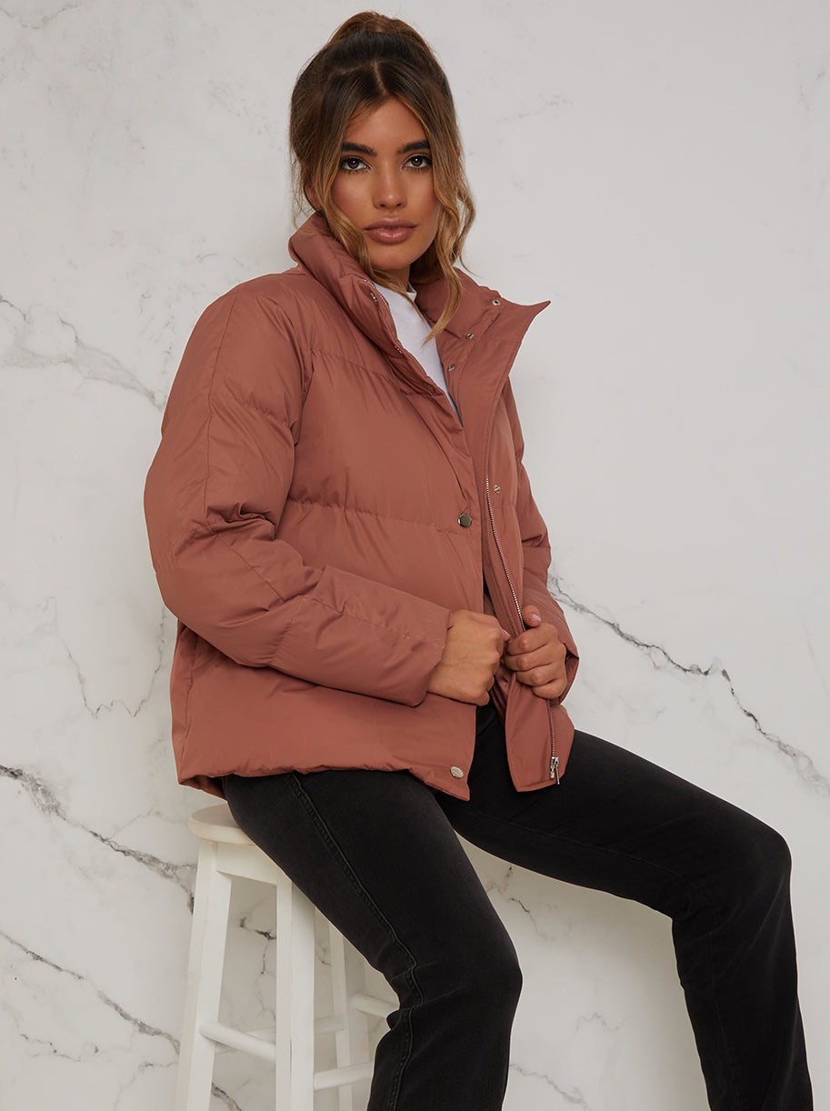 Chi Chi London Women's Cropped Padded Puffer Coat in Tan | Size: 16