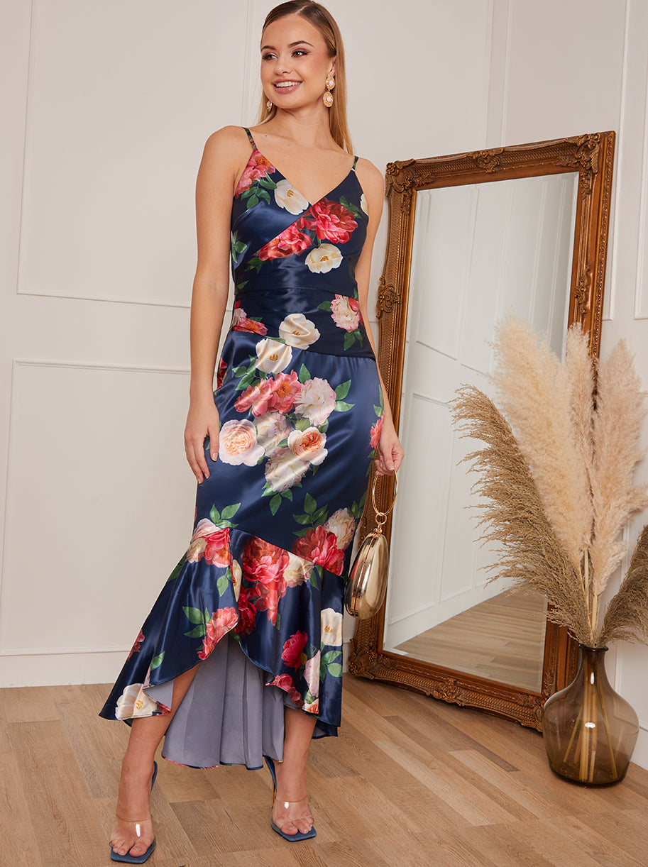 Chi Chi Petite Sleeveless Floral Print Ruffle Hem MIDI Dress in Navy, Size 16