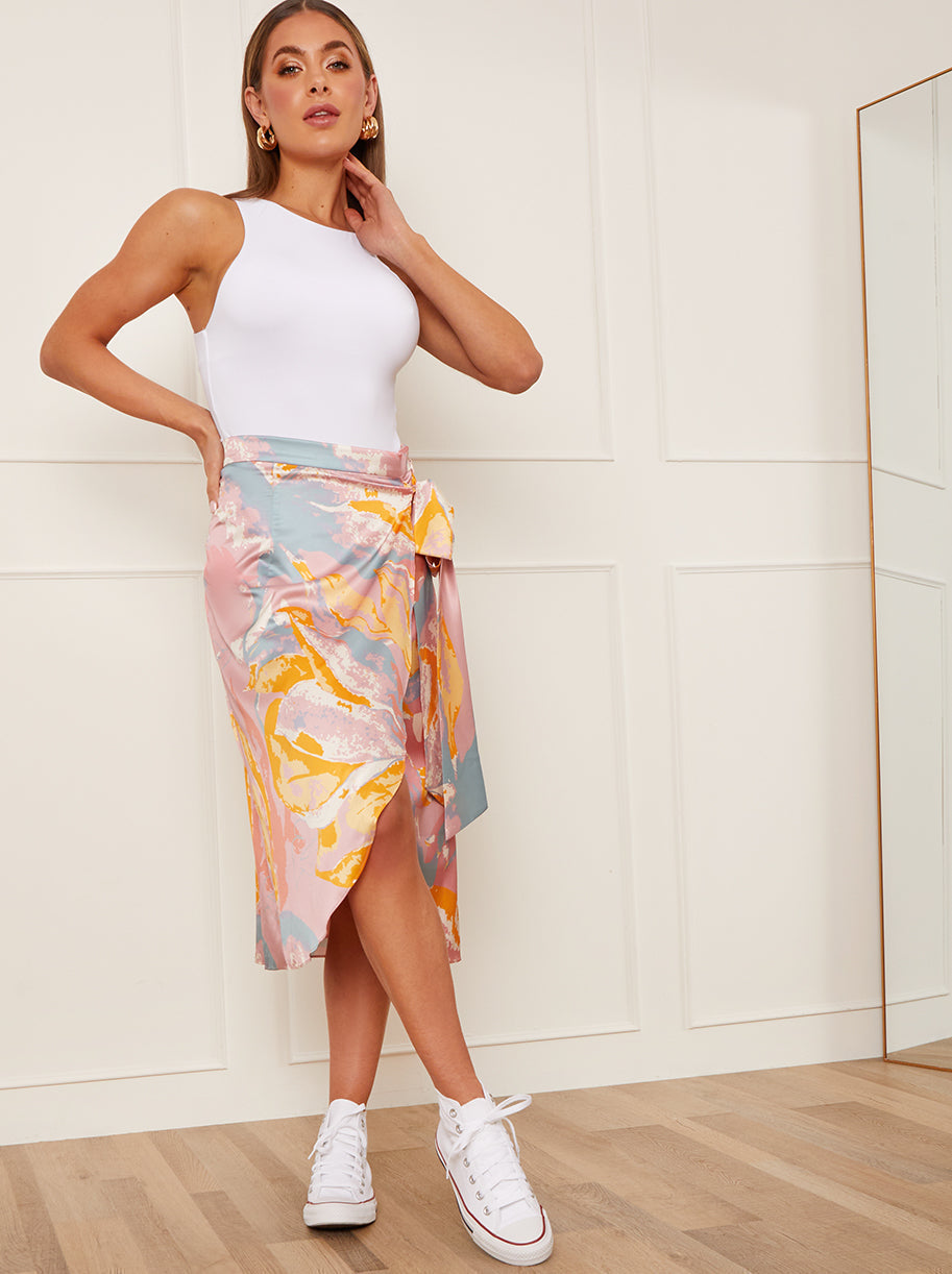Chi Chi Print Wrap MIDI Skirt in Pink, Size 16