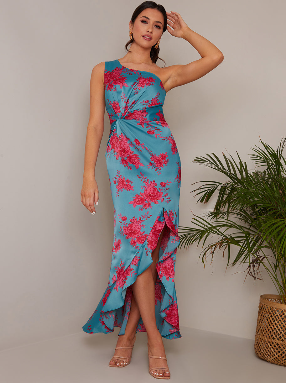 Chi Chi One Shoulder Floral Printed MIDI Dress in Blue, Size 16 thumbnail