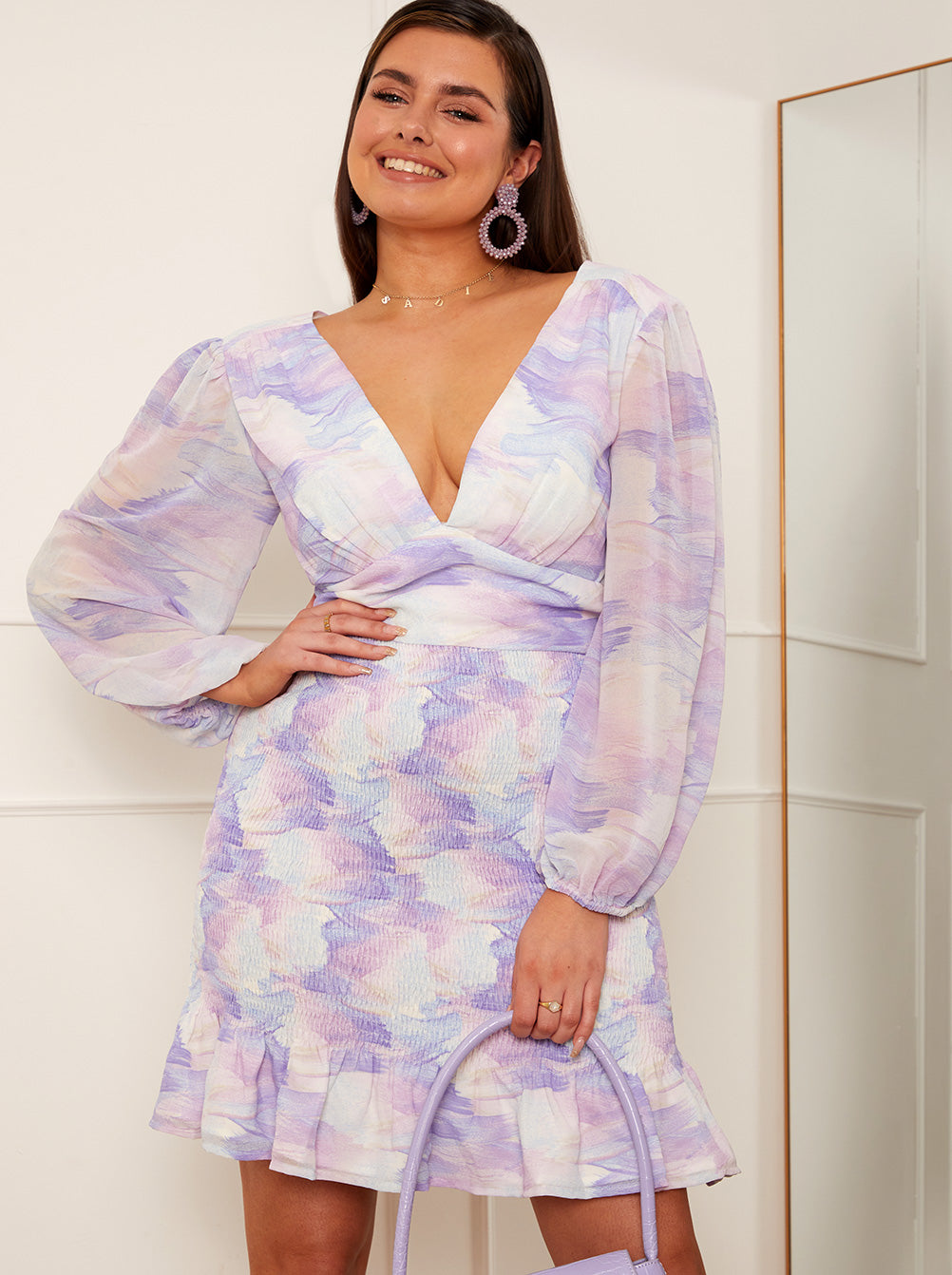 Chi Chi Long Sleeve Shirred Washed Print Mini Dress in Lilac, Size 16