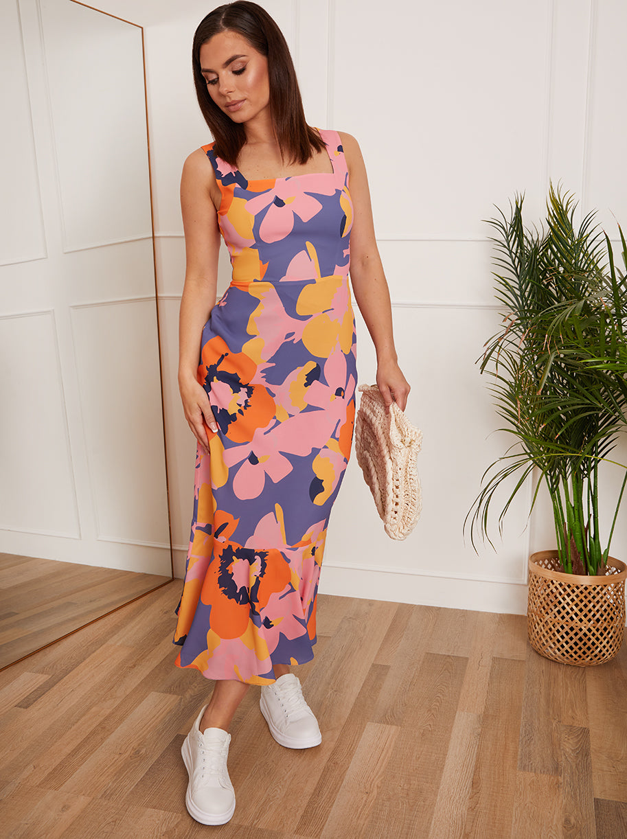 Chi Chi Petite Square Neck Abstract Floral Print MIDI Dress in Blue, Size 16