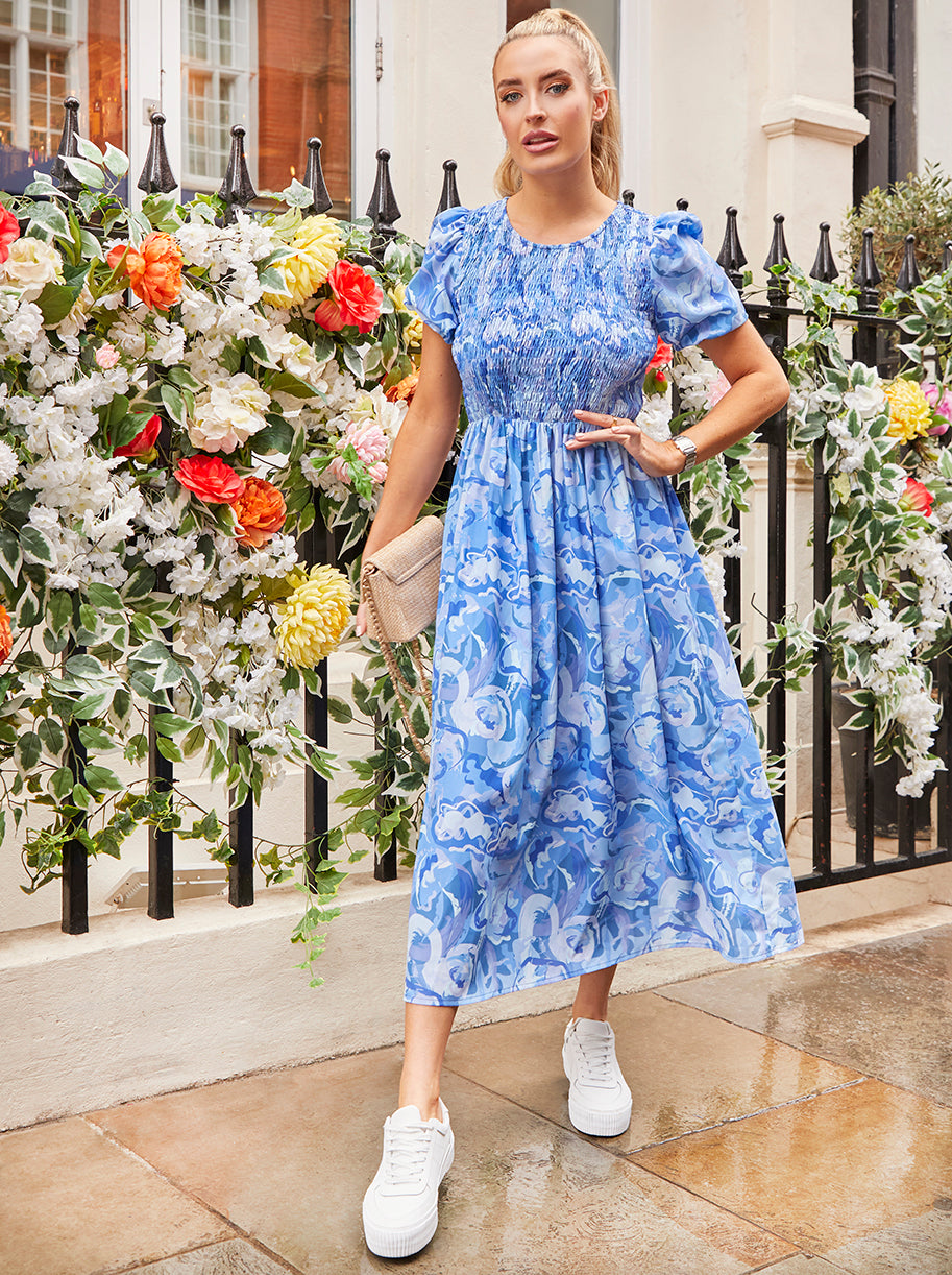 Chi Chi Puff Sleeve Swirl Print MIDI Dress in Blue, Size 16