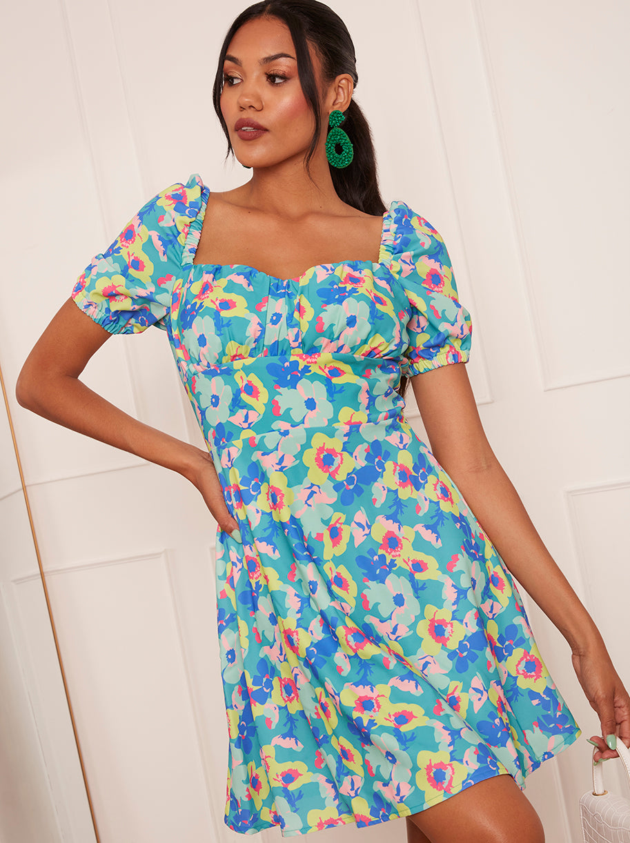 Chi Chi Puff Sleeve Floral Print Mini Dress in Green, Size 16