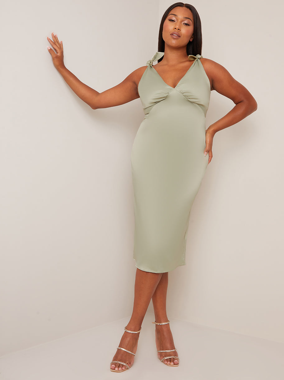 Chi Chi V Neck Tie Shoulder MIDI Dress in Sage in Green, Size 16