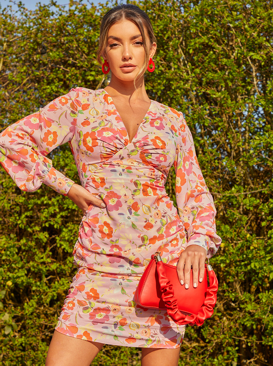 Chi Chi V Neck Balloon Sleeve Floral Mini Dress in Orange, Size 16