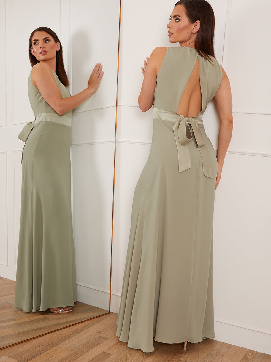 Chi Chi Petite Cut-Out Bow Back Maxi Dress in Sage in Green, Size 16
