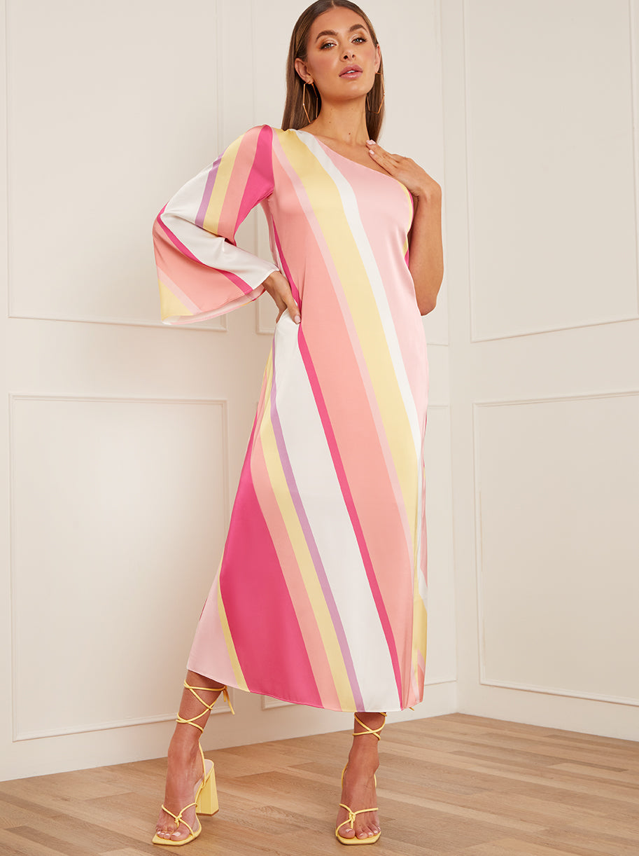 Chi Chi One-Shoulder Long Sleeve Stripe Print MIDI Dress in Pink, Size 16