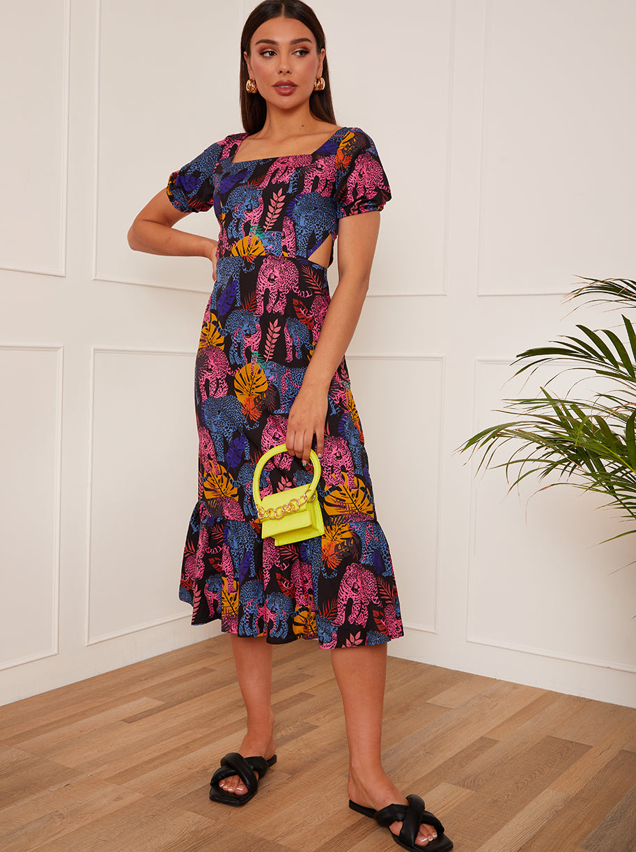 Chi Chi Square Neck Tropical Leopard Print MIDI Dress in Black, Size 16