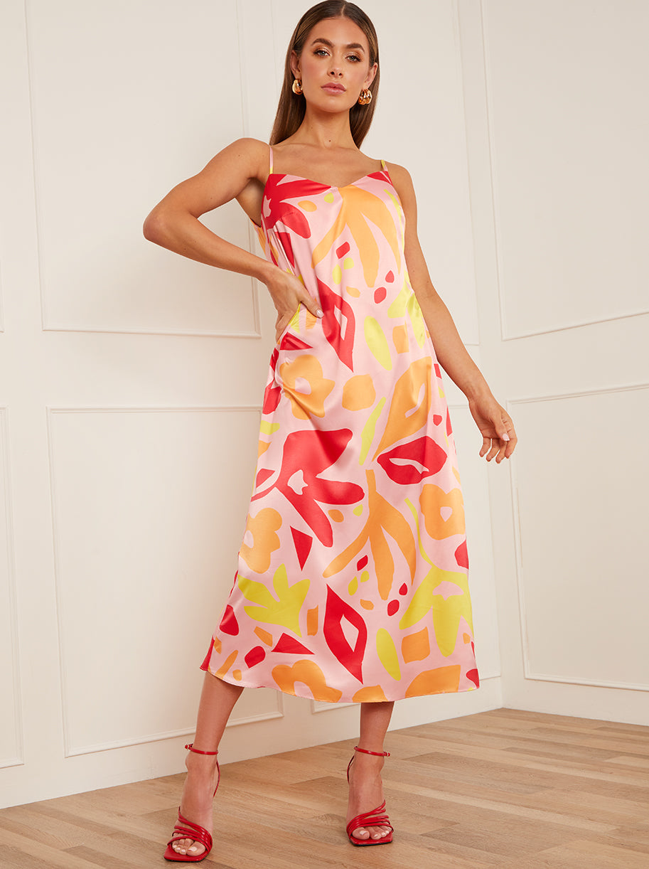 Chi Chi Abstract Print MIDI Slip Dress in Orange, Size 16