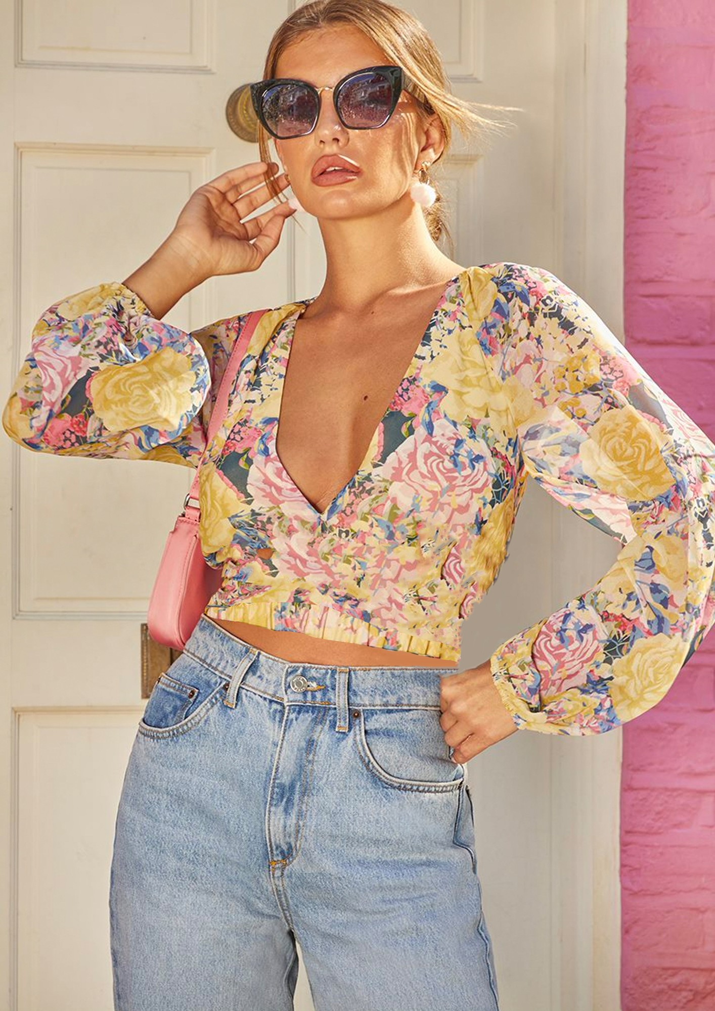 Chi Chi V Neck Long Sleeve Floral Top in Yellow, Size 16