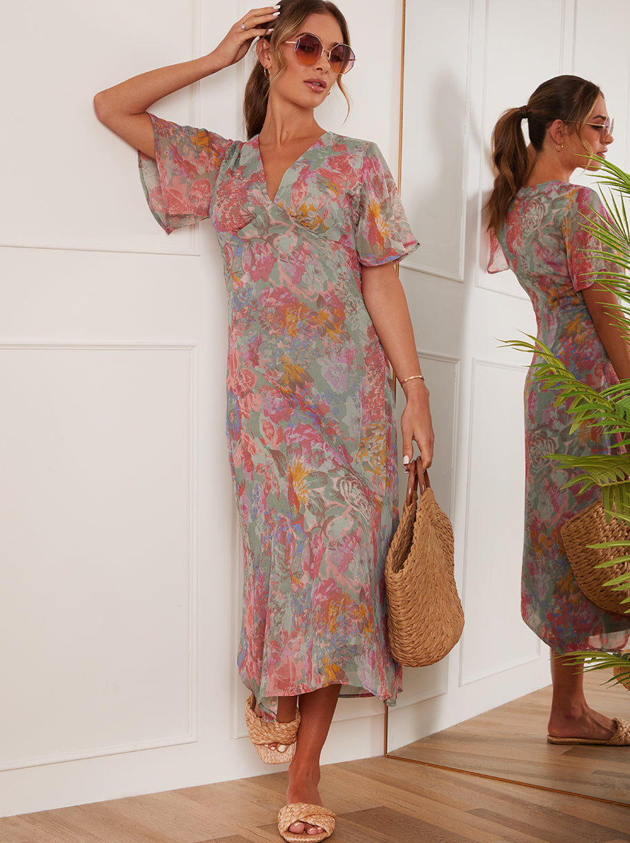 Chi Chi V Neck Floral Print MIDI Dress in Grey, Size 16