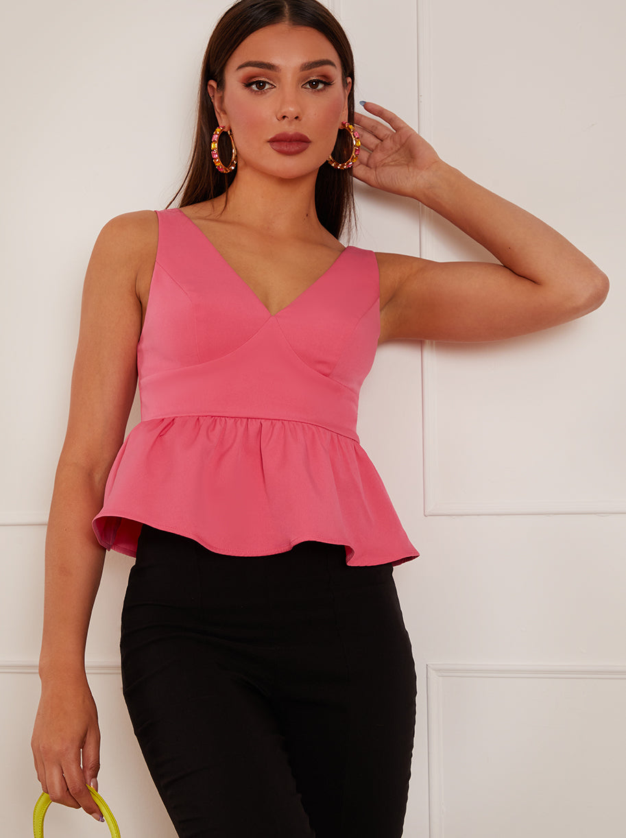 Chi Chi Plunge Neck Peplum Hem Top in Pink, Size 16