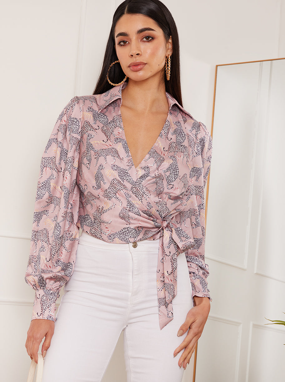 Chi Chi Balloon Sleeve Cheetah Print Wrap Shirt in Pink, Size 16